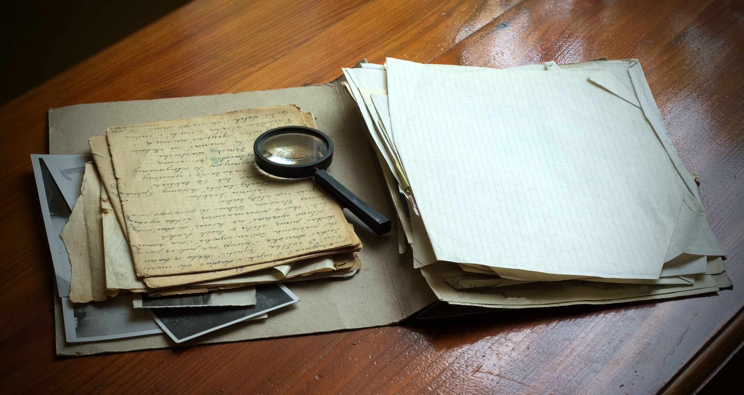 Vintage papers with faded handwriting and a black magnifying glass sit on a wooden surface, evoking a sense of history and mystery.